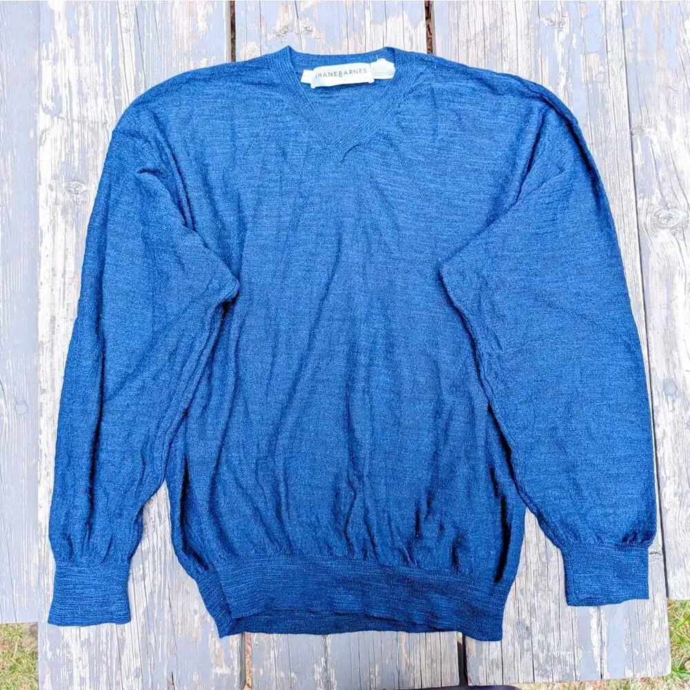 Vintage Jhane Barnes Mens XL V-Neck Sweater Navy Blue Heather 75% Wool Blend